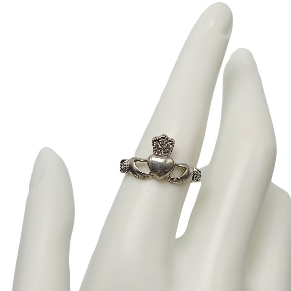 JTS 925 Sterling Silver Clear Rhinestone Crown Claddagh Ring Size 8.25 Vintage